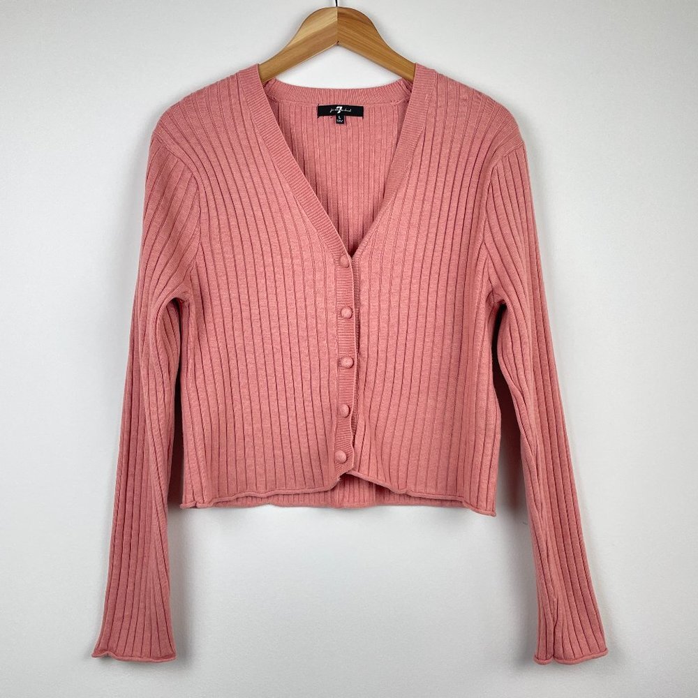 7 For All Mankind Women's Pink Cropped Button Up Cardigan Size Large Long Sleeve